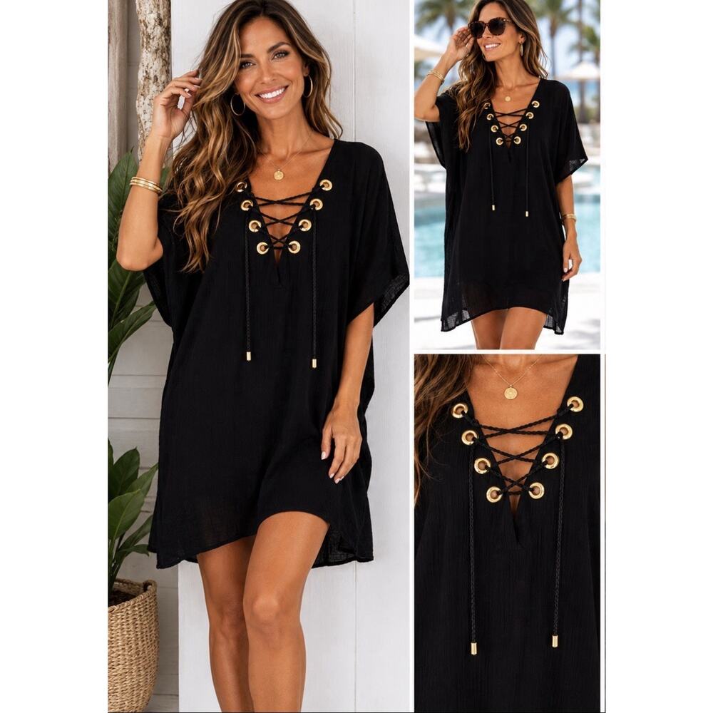 La Blanca Resortwear Black Gold Grommet Swim Cover Up Dress Women’s Medium